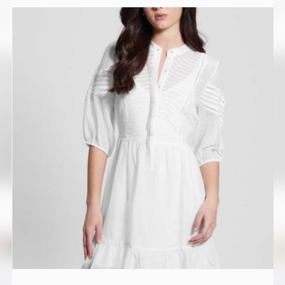 GUESS Mia Pintuck Silk Blend Elbow-Sleeve Button-Up Dress M Medium White Tie